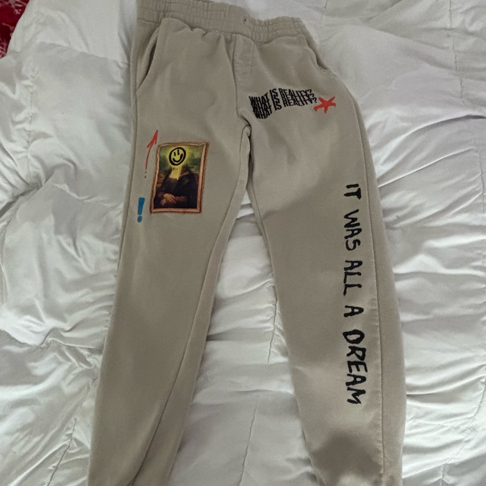 Beige Graphic Sweatpants
